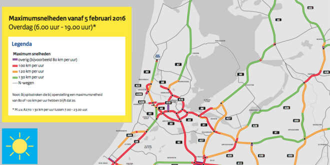Maximum snelheid op Nederlandse wegen per 5 februari 2015